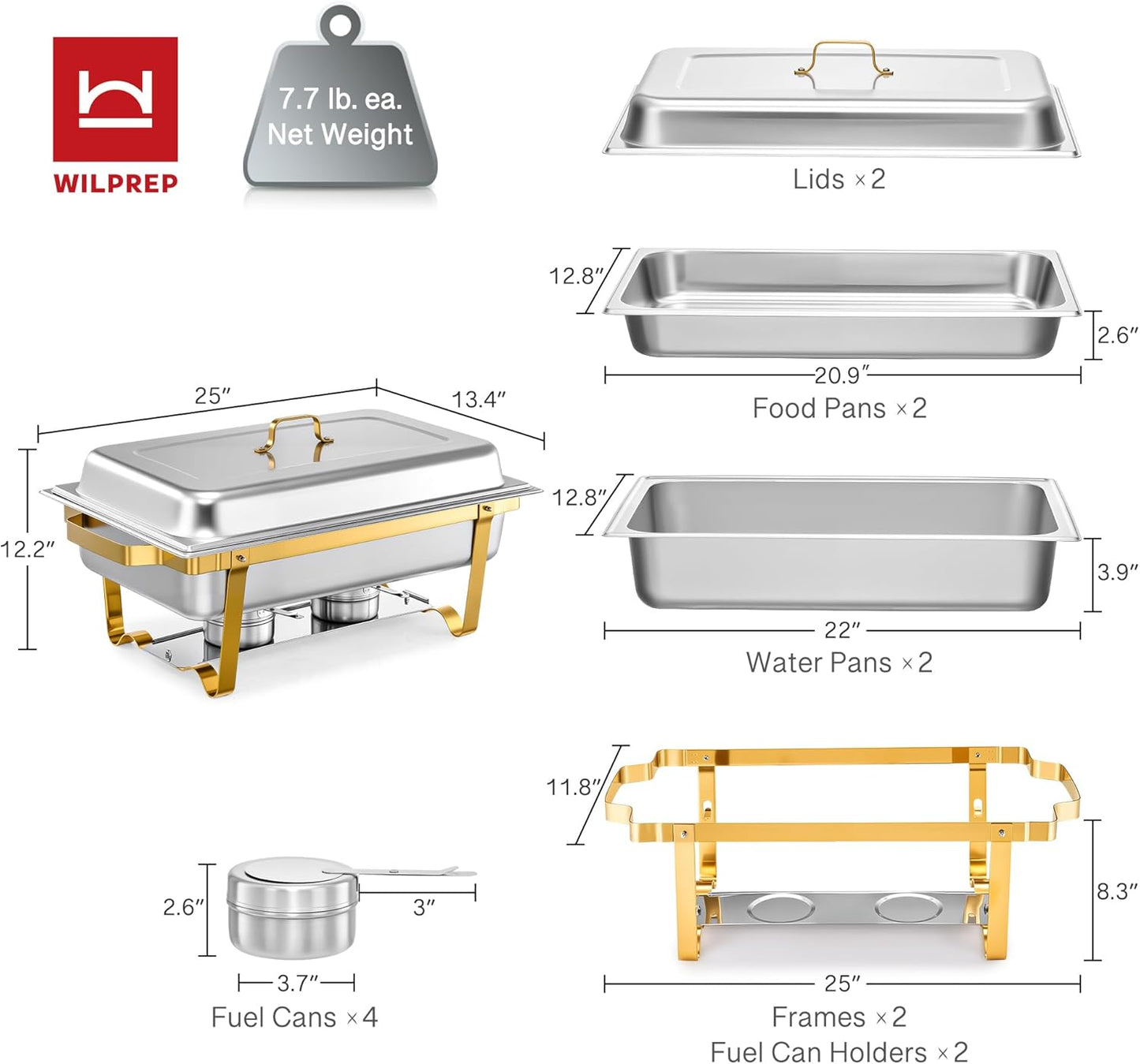 WILPREP Chafing Dishes for Buffet, 2 Pack 9 qt Chafer and Buffet Warmer Set with Full Size Pans & Foldable Frames, Food Grade Stainless Steel Food Warmers for Parties Buffets Banquets, Gold & Silver