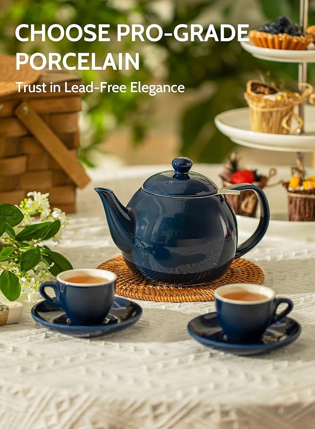 Sweese Teapot, Porcelain Tea Pot with Stainless Steel Infuser, Blooming & Loose Leaf Teapot - 27ounce, Navy