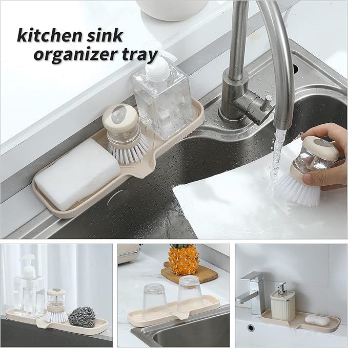 Silicone Bathroom Soap Dishes with Drain Spout-Bathroom and Kitchen Sink Organizer,Sponge Holder,Dish Soap Tray,Perfect for Dispenser,Scrubber,Bottle,Cup on Sink or Counter-Tapioca 12"×4"