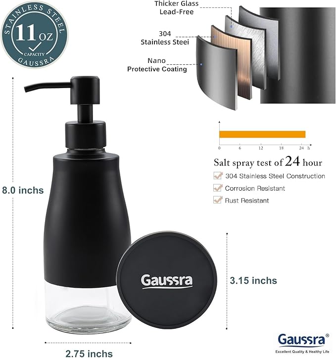 Black Soap Dispenser with Coaster and Stickers, Dish Soap Dispenser for Kitchen, Hand Soap Dispenser for Bathroom, 304 Stainless Steel Glass Lotion Dispenser (2 Pack)