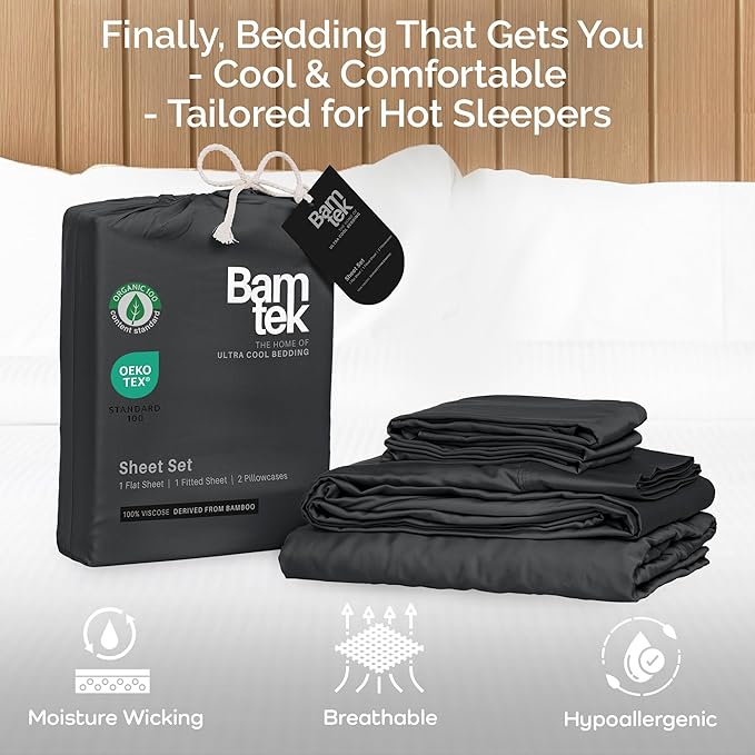 100% Viscose from Bamboo Sheets King Size, Super Soft King Bed Set, 4PC Cooling Sheets for Hot Sleepers, Organically Grown Bedding Sheet, King Size Sheet Set - Charcoal - 76" x 80"