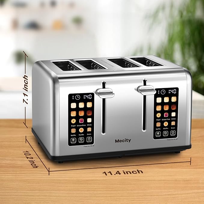 Mecity 4 Slice Toaster with Touch Screen Control, 4 Wide Slots, Stainless Steel Smart Bread Toaster for Bagels, Muffins, Waffles, Dual Control Panel, Timer, Defrost, Reheat, 120V 1650W