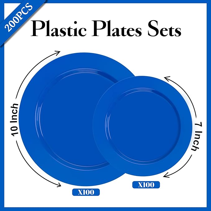 I00000 200 Pcs Blue Plastic Plates, Disposable Party Plates Include 100 Blue Dinner Plate 10’’ and 100 Plastic Dessert Plate 7’’ Perfect for Birthday, Party & Wedding