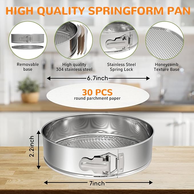 7 Inch 304 Stainless Steel Springform Pan with Removable Bottom, Nonstick Round Spring Form Cheesecake Pan with 30 Pcs Parchment Paper Liners