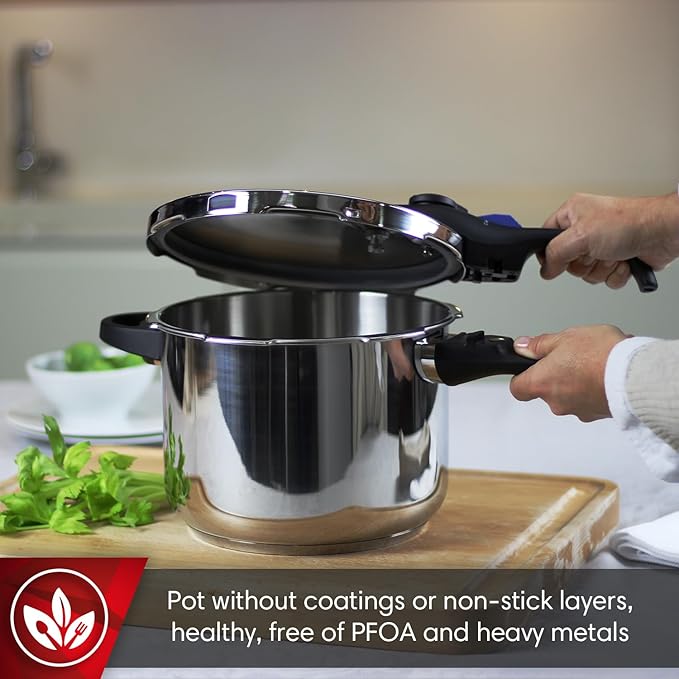 MAGEFESA Favorit 6.3 Qt Pressure Cooker – Easy-to-Use Fast Cooking Pot, 18/10 Stainless Steel, Induction Compatible, Even Heat Distribution, Works on All Stovetops