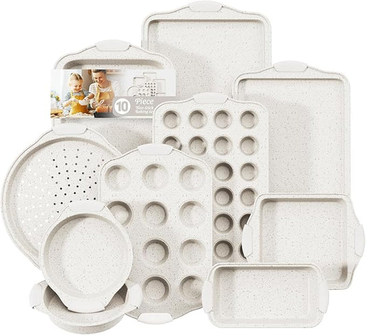 10-Piece Kitchen Nonstick Stackable Bakeware Set, Non Toxic Bakeware Sets with Silicone Handles, Includes Cookie Sheets, Cake Pan, Loaf Pan, Pizza Pan, Muffin Pan, White