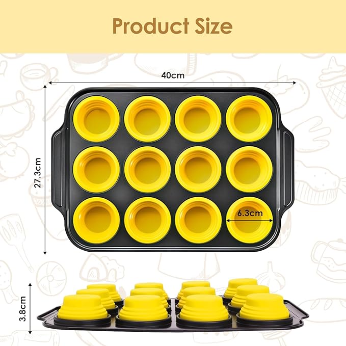 12 Cups Silicone Muffin Pans for Baking with Metal Frame, Egg Bite Molds, Cupcake Pans Regular Size, Muffin Tins Easy to Pop Nonstick Non Toxic Bakeware for Oven Dishwasher Safe