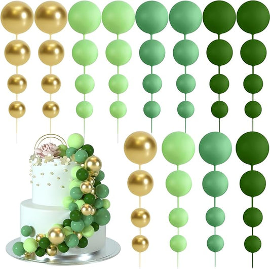 48 Pcs Balls Cake Topper Decorations Balloon Cupcake Toppers Foam Cake Topper Balls Cake Balls Decorations for Birthday Party Cake Decorating (Green, Gold)