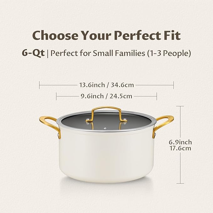 BEZIA 6 Quart Stock Pot with Lid，Ceramic Nonstick Cooking Pot，Soup Pot with Stainless Steel Handle, Tempered Glass Lid, Induction Compatible for Pasta, Soup, Spaghetti，Dishwasher Safe, Cream