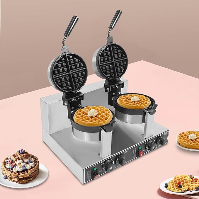Commercial Waffle Maker,Double Head Waffle Maker Machine,2400W Non-Stick Stainless Steel Belgian Waffle Iron with Temp and Time Control for Restaurant