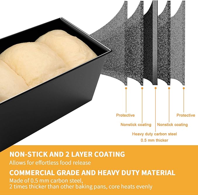 CHEFMADE Pullman Loaf Pan with Lid, 1Lb Dough Capacity Non-Stick Rectangle Flat Bread Pan, Carbon Steel Bakeware Toast Mold with Cover for Baking Bread - Black