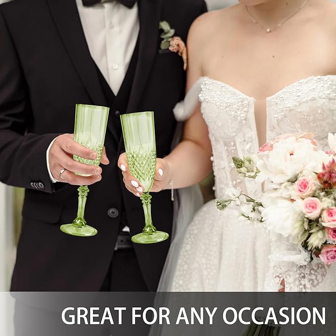 Plastic Champagne Flutes, 12PCS Green Plastic Wine Glasses Goblets Reusable Champagne Flute for Weddings, Bachelor Parties, Toasting, and Events(12, Green)