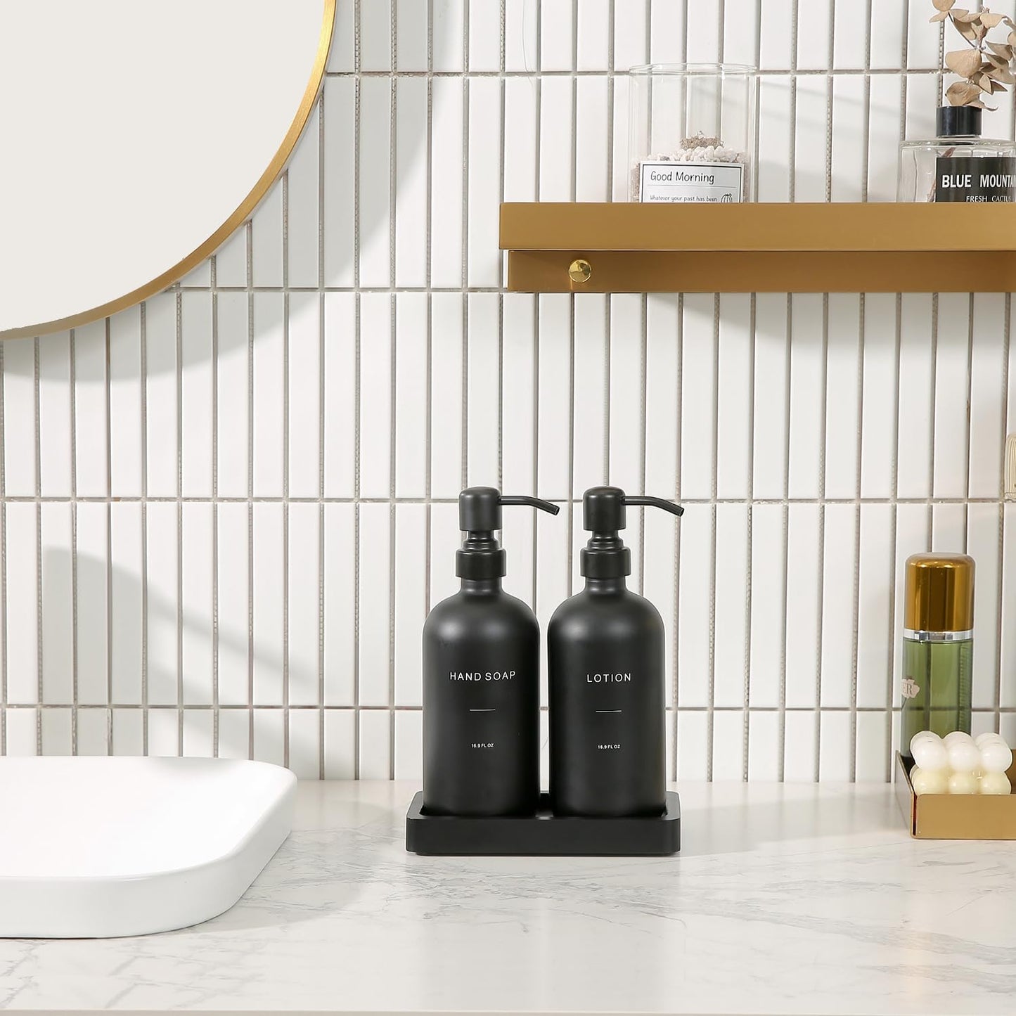 Black Soap Dispenser Bathroom Set, Soap and Lotion Dispenser Set with Stainless Steel Pump, Perfect for Bathroom Decor. (Black)