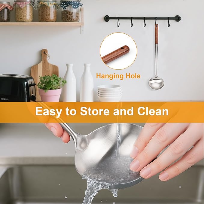 FJNATINH Soup Ladle, Stainless Steel Cooking Ladle for Soup Sauces, Kitchen Ladle Spoon with Heat-proof Wooden Handle, Easy to Clean