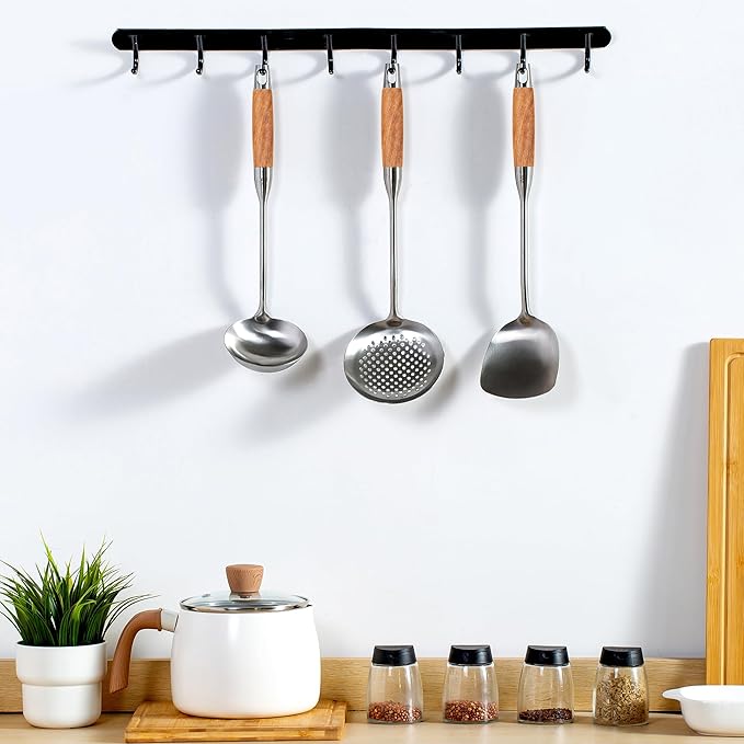 FJNATINH Wok Utensils - Wok tTools - Spatula and Ladle, Skimmer Spoon Set Metal 304 Stainless Steel Kitchen Cooking Utensils Sets, 3-Pieces Wok Tools, Wooden Handle 14-15 Inch