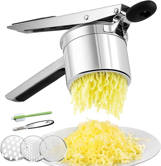 Potato Ricer 15oz, Heavy Duty Stainless Steel Potato Masher with 3 Interchangeable Discs, Large Masher and Ricer Kitchen Tool for Mashed Potatoes, Spaetzle Noodle Maker, Potato Press