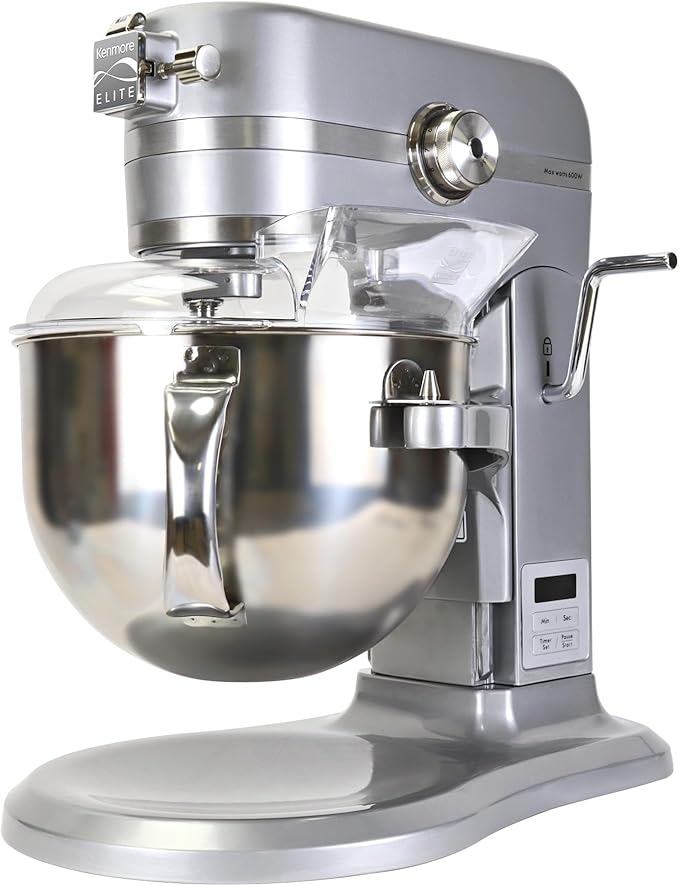 Kenmore Elite Heavy-Duty 6 Qt Bowl-Lift Stand Mixer, 600 Watts, with Flat Beater, Wire Whisk, Dough Hook, Stainless Steel Bowls, LED Light, Digital Countdown Timer, Metallic Grey