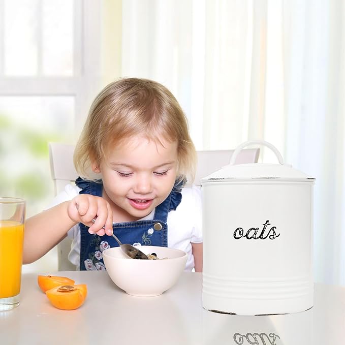 AuldHome Design Farmhouse Enamelware Oatmeal Canister (White); Rustic Distressed Style Oats Storage for Kitchen