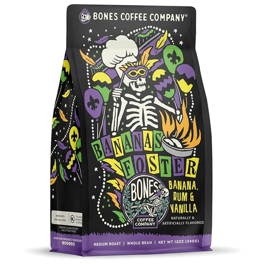 Bones Coffee Company Bananas Foster, Banana, Rum and Vanilla Flavored Coffee, Medium Roast Low Acid Arabica Beans Compatible with Auto drip and French Press Coffee Maker, 12 Oz Whole Bean