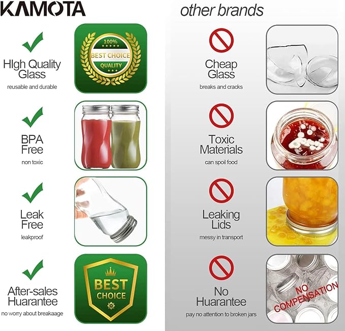 KAMOTA Mason Jars 16 OZ With Regular Lids and Bands, Ideal for Meal Prep, Jam, Honey, Wedding Favors, Shower Favors, DIY Spice Jars, 12 PACK, 20 Whiteboard Labels Included
