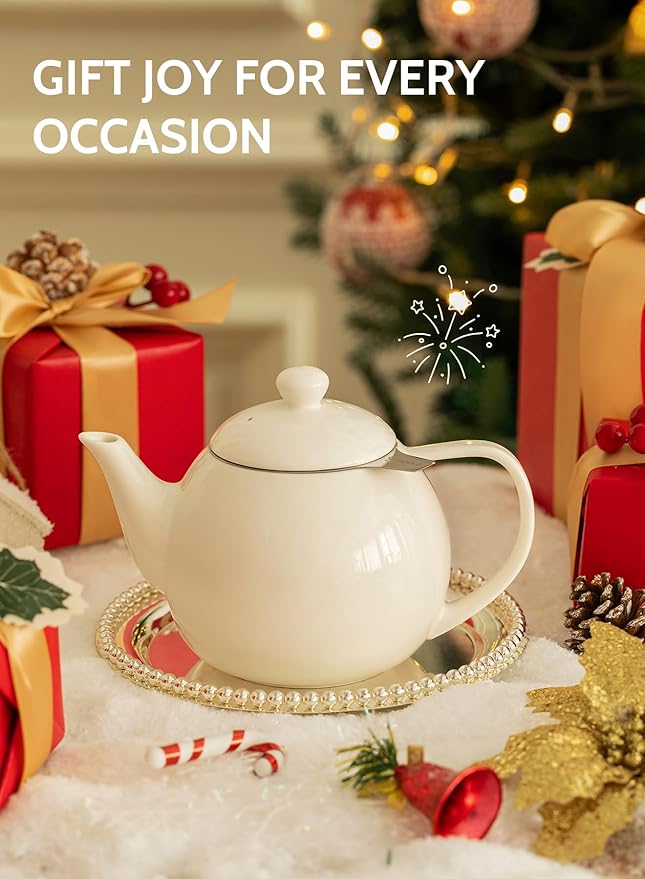 Sweese Teapots for Tea, 27 oz Porcelain Tea pot with Removable Stainless Steel Infuser, Tea Pots for Loose Tea - White