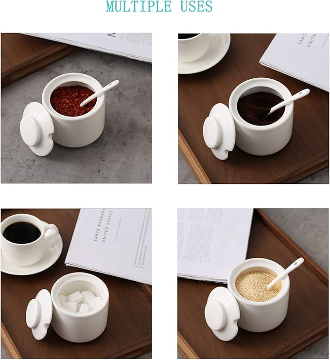 ONTUBE Ceramic Sugar Bowl with Lid and Spoon Set of 2,Porcelain Seasoning Box Salt Bowl with Tray,8oz (White)