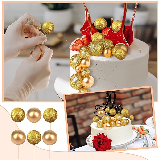108 Pcs Balls Cake Topper DIY Cupcake Insert Foam Balloons for Cake Baking Wedding Anniversary Birthday Decoration(Glitter Gold, Gold,Multi Sizes)