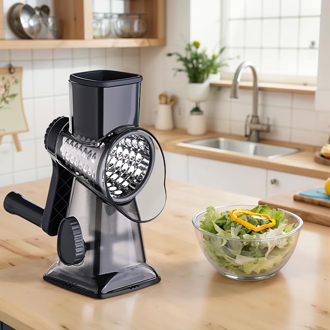 HANSGO Rotary Cheese Grater, Hand Crank Cheese Shredder, Vegetable Slicer for Kitchen, 3 Interchangeable Blades for Potatoes Carrots Onion Zucchini Nuts Chocolate Fruits, Black