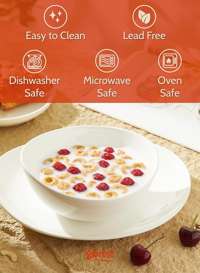 Sweese 7 Inch Porcelain 28 oz Bowls Set of 6, for Soup | Cereal | Pasta | Salad | Ramen | - Microwave, Dishwasher, and Oven Safe - White