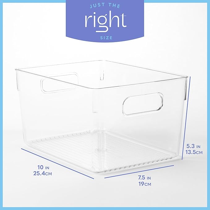 Plastic Food Storage 2 Pack Clear Container Bin with Handles for Organizing Kitchen, Pantry, Refrigerator, Freezer, Pantry, Cabinet, Closet, Bathroom. 10”x7.5”x5.3”