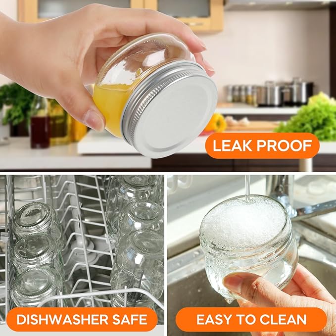 4 oz Mason Jars With Silver Lids, 24 Pack Regular Mouth Canning Jars for Jam, Honey, Yogurt, Spices, Snacks, DIY Projects, Wedding Favors- Includes 30 Stickers