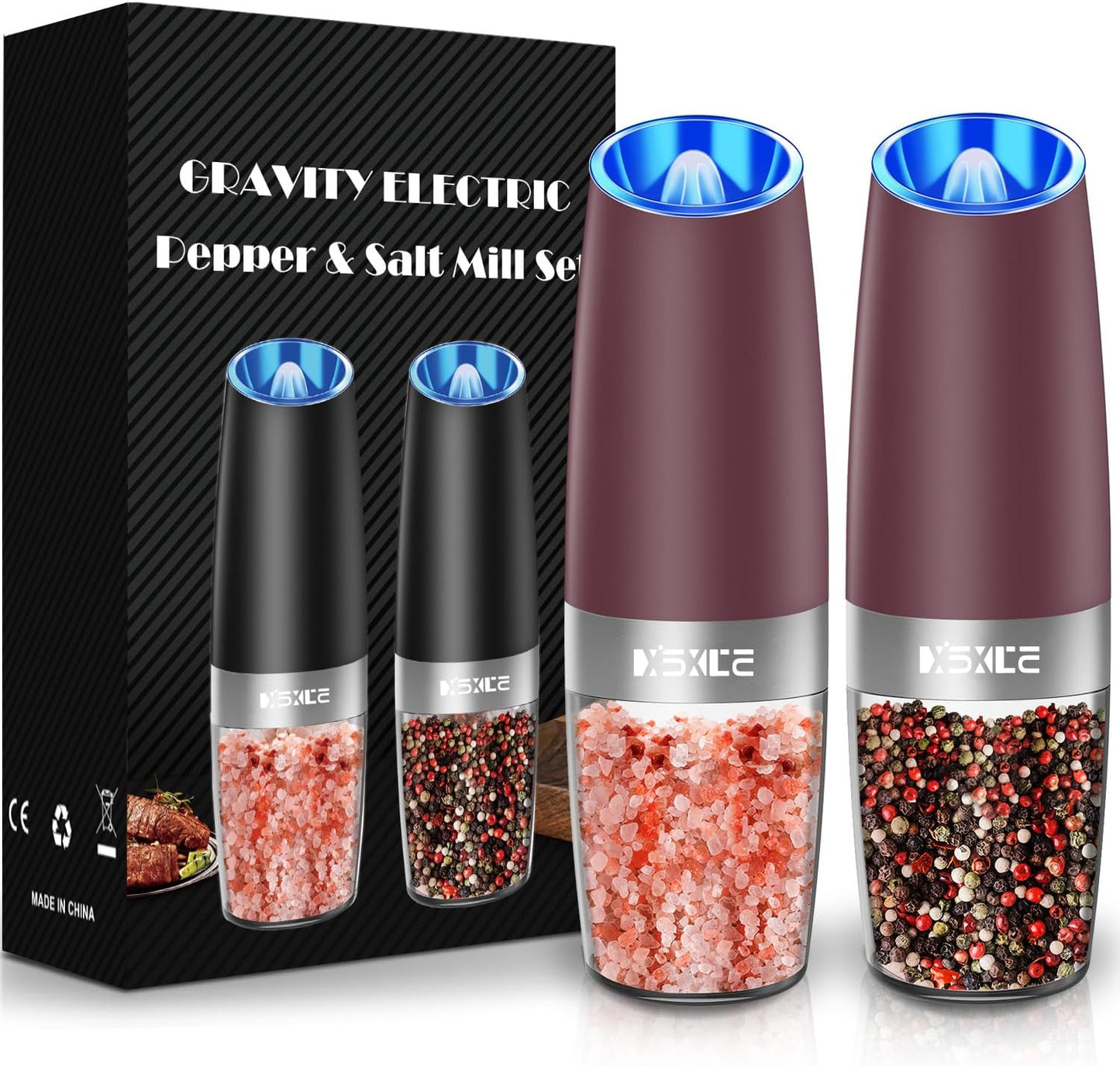 XinXu Gravity Electric Pepper Grinder, Salt or Pepper Mills & Adjustable Coarseness, with LED Light, One Hand Automatic Operation -Set/RoseRed