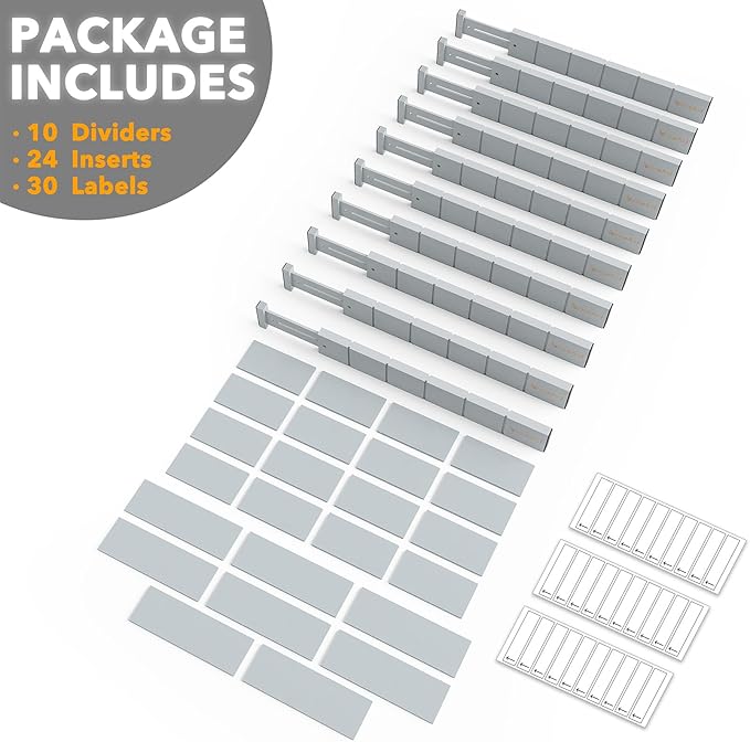 SpaceAid Bamboo Drawer Dividers with Inserts and Labels, Kitchen Adjustable Drawer Organizers, Expandable Organization for Home, Office, Dressers, 10 Dividers with 24 Inserts (17"-22" Gray)