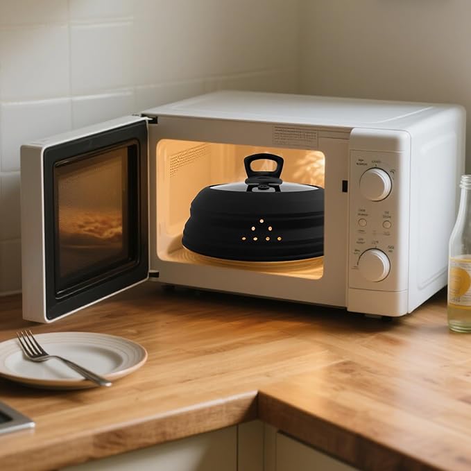 Microwave Splatter Cover Glass 10.5 Inch Microwave Cover for Food with Handle Collapsible Silicone Microwave Cover with Steam Vent for Pot Plate Bowl (Black)