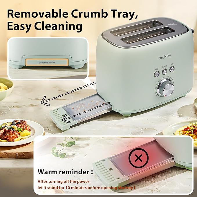 2-Slice Toaster 1.5" Extra Wide Slot Stainless Steel with High Lift Lever, 6 Presets & Bagel/Defrost/Cancel Function, Removal Crumb Tray, Under Base Cord Storage, Green