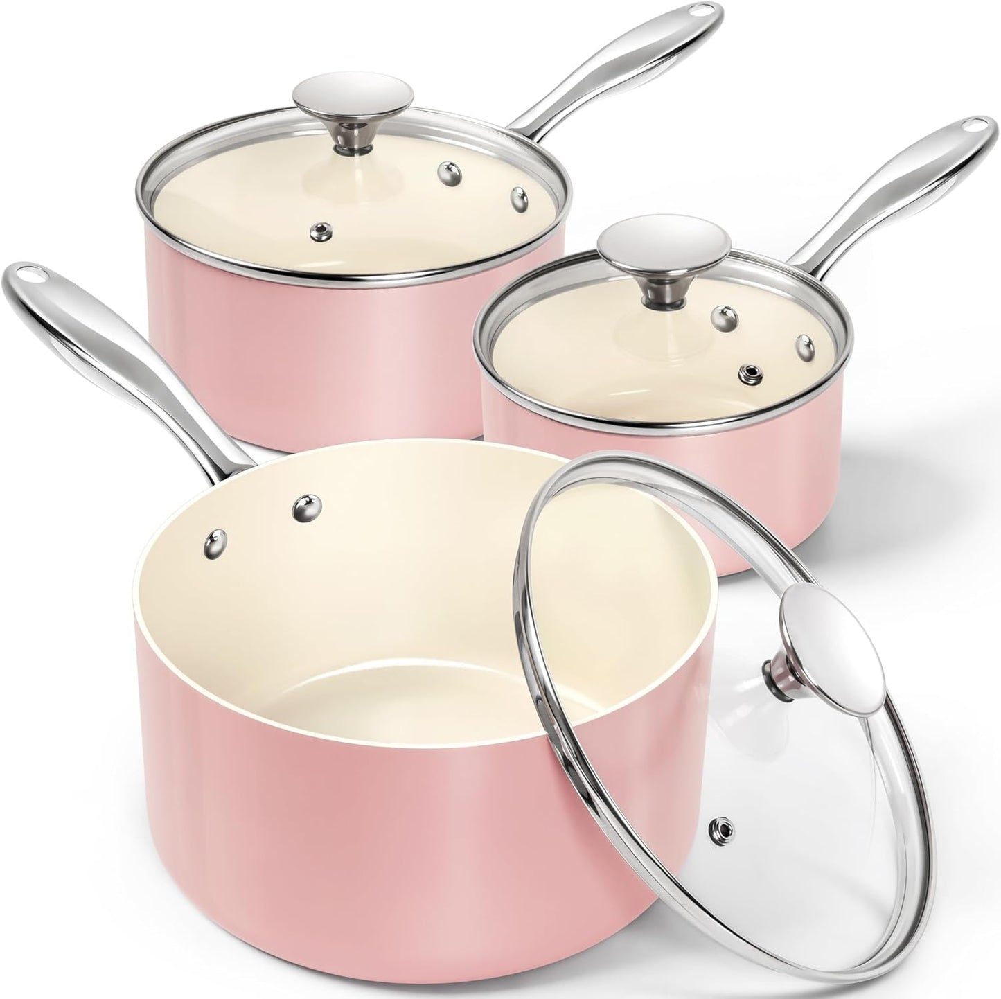 MICHELANGELO Sauce Pan with Lid, Non Stick Saucepan Set of 3-1Qt & 2Qt & 3Qt Small Pots for Cooking, Ceramic Saucepan - Non-Toxic, Scratch-Resistant, Oven Safe, Pink