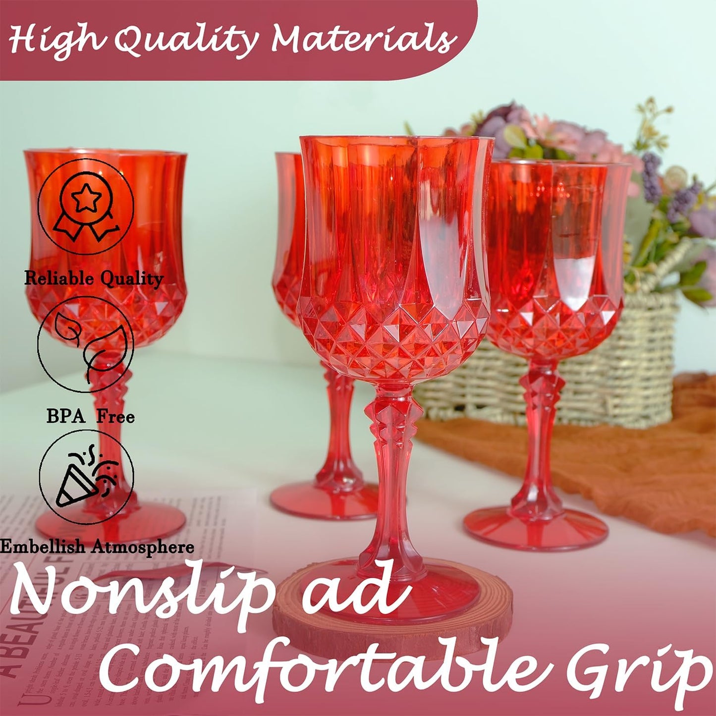 Plastic Wine Glasses，Plastic Goblets Vintage Style Cordial Drinking Glasses for Wedding Reception, Grand Event Party Supplies (48, Red)