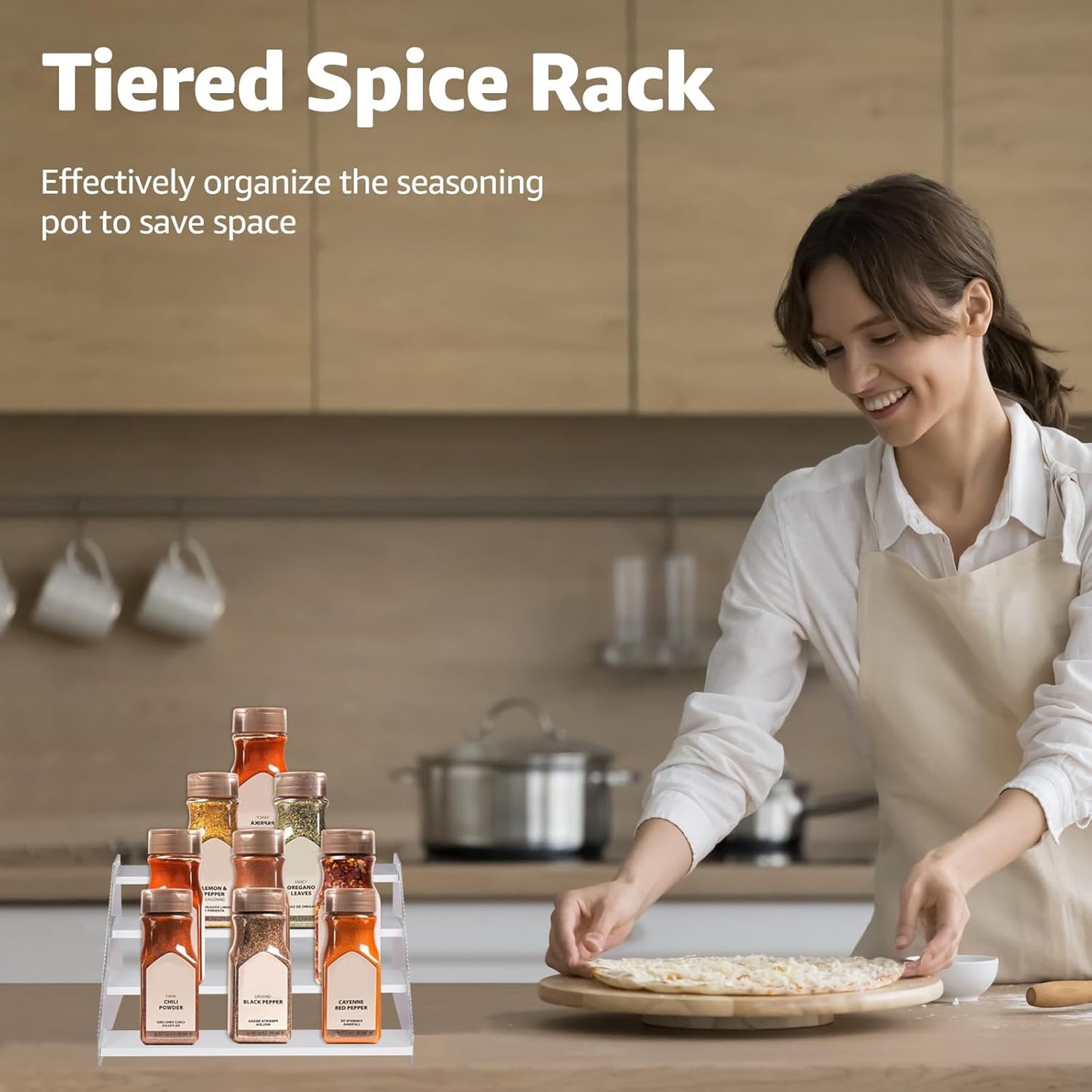 nianfeng Tiered Spice Rack, 4-Tier Spice Pantry Kitchen Cabinet Organizer, 12-Inch, Natural Wood Acrylic Stair Riser Stand, Countertop Seasoning Shelf (White)