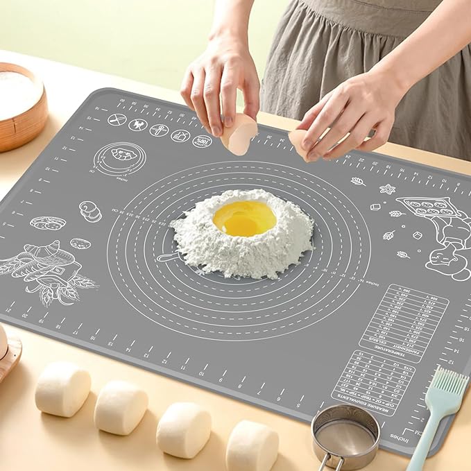 Silicone Baking Mat 24" x 16" Extra Thick Non-stick Pastry Mat with Measurements and Edge Heightening, Food Grade Silicone for Countertop Dough Rolling Making Bread, Cookies, Pizza, Fondant, Pasta