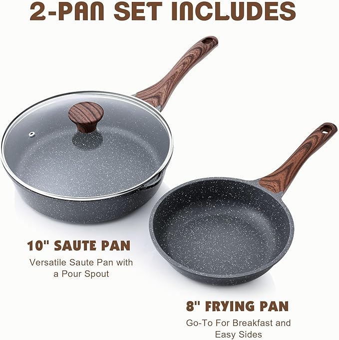 SENSARTE Nonstick Frying Pan Skillets, Swiss Granite Coating Omelette Pans, Healthy Cookware Chef's Pan, Free of Intentionally Added PFOA (8 Inch Frying Pan and 3.5QT Saute Pan)