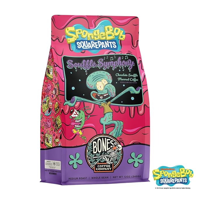 Bones Coffee Company Spongebob Soufflé Symphony, Chocolate Soufflé Flavored Whole Coffee Beans, Low Acid Medium Roast Arabica Beans Flavored Coffee, 12 oz Whole Bean