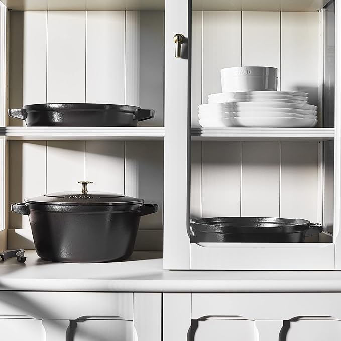 STAUB Cast Iron Set 4-pc, Stackable Space-Saving Cookware Set, Dutch Oven, Skillet, Grill Pan with Universal Lid, Made in France, Matte Black