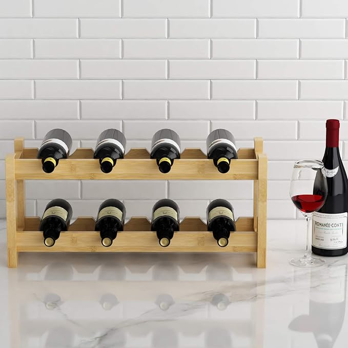 BAMEOS Wine Rack Freestanding 8 Bottle 2 Tier Bamboo Wine Racks Countertop Cabinet Wine Holder Wine Storage Shelf for Kitchen, Bar, Pantry, Wine Cellar, Basement, Countertop (16.85 L x 9.25W x 7H)