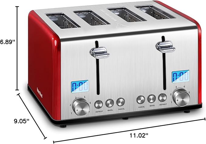 Countdown Stainless Steel 4 Slice Toaster with Bagel, Defrost, Cancel Function, Dual Toaster, Extra Wide Slots, 6 Shade Settings, Removable Crumb Trays, 1650W, Red