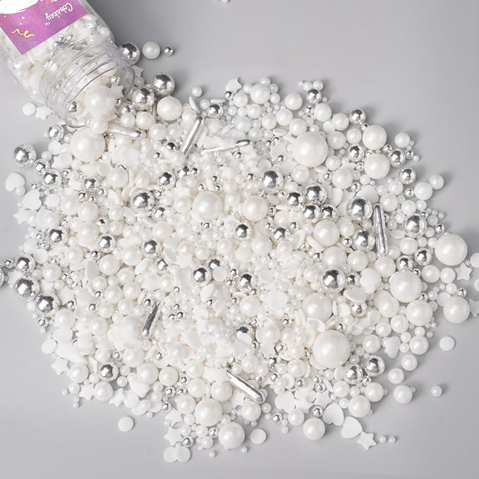 White Wedding Sprinkles for Cake Decorating 4.23ounce - Sugar Mix Contains White & Silver Pearl Sprinkles for Cupcake Toppers, Ice Cream, Candy, Cookie Decorations - Wedding Party Supplies