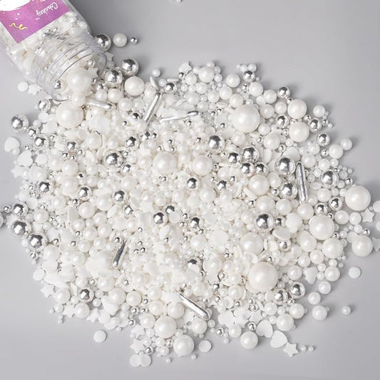 White Wedding Sprinkles for Cake Decorating 4.23ounce - Sugar Mix Contains White & Silver Pearl Sprinkles for Cupcake Toppers, Ice Cream, Candy, Cookie Decorations - Wedding Party Supplies