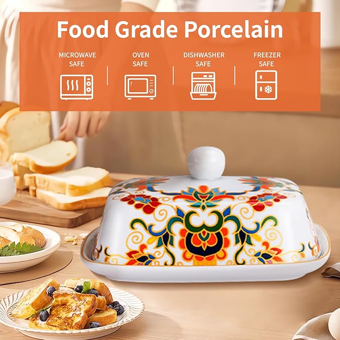 Butter Dish with Lid, butter dish with lid for countertop,Classic patterns Ceramic Butter container,Grilled flower craft butter Holder,Microwave, Oven and Dishwasher Safe butter tray.