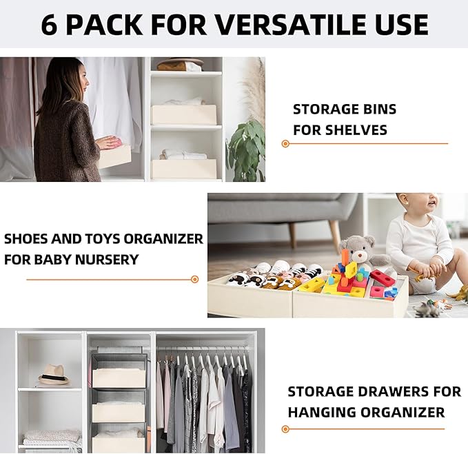 Criusia Drawer Organizer Clothes 6 Pack - Sock Underwear Drawer Organizer Divider - Dresser Organizer Bins for Closet Bedroom - Baby Clothes Organizers and Storage for Nursery Organization -Beige