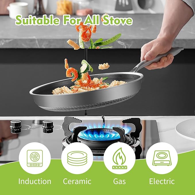 Nonstick Stainless Steel Frying Pan, 8 Inch Hybrid Frying Pan with Lid, Dishwasher and Oven Safe, PFOA Free, Home Use for All Stoves