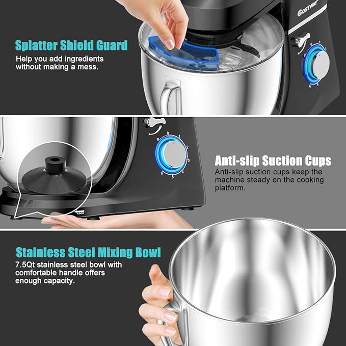 COSTWAY Stand Mixer, 6-Speed 7.5 QT Tilt-head Electric Kitchen Food Mixer 660W with Stainless Steel Bowl, Dough Hook, Beater, Whisk